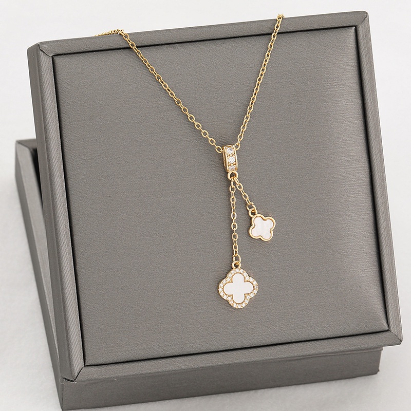 Ht Micro-Inlaid Zircon พู่ Four-Leaf Clover จี้ไทเทเนียมเหล็กสแตนเลส Clavicle Chain เครื่องประดับสาว ราคา ถูกที่สุด ดีลบีเคเค แกลเลอรีภาพที่ 6