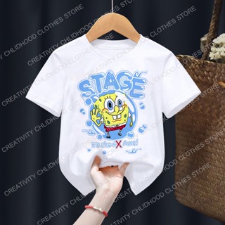 เสื้อยืดแขนสั้นลําลอง พิมพ์ลายการ์ตูน SpongeBob SquarePants สไตล์ฮาราจูกุ สําหรับเด็กผู้ชาย และเด็กผู้หญิง