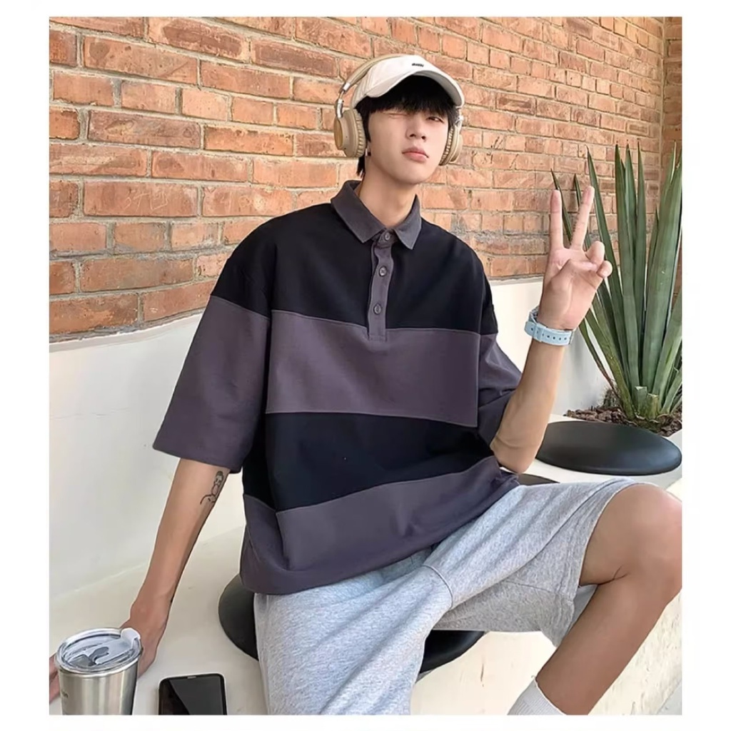 เสื้อโปโล แขนสั้น ลายทาง ทรงหลวม พลัสไซซ์ สไตล์เกาหลี สําหรับผู้ชาย ไซซ์ M-5XL