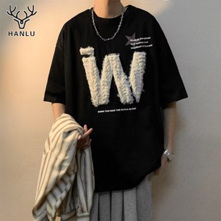 HANLU เสื้อเชิ้ตผู้ชาย เสื้อยืดอารมณ์ขี้เกียจแขนสั้นคอกลมใหม่อินเทรนด์ของเยาวชนยอดนิยมแฟชั่นอินเทรนด์ทุกวัน