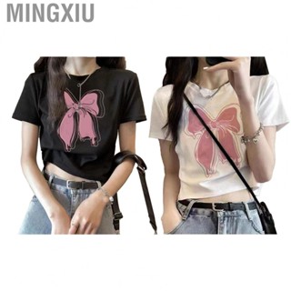 Mingxiu Women Short Sleeves T Shirt  Summer Casual Pink Bowknot Round Neck Polyester Fiber for Daily Wear