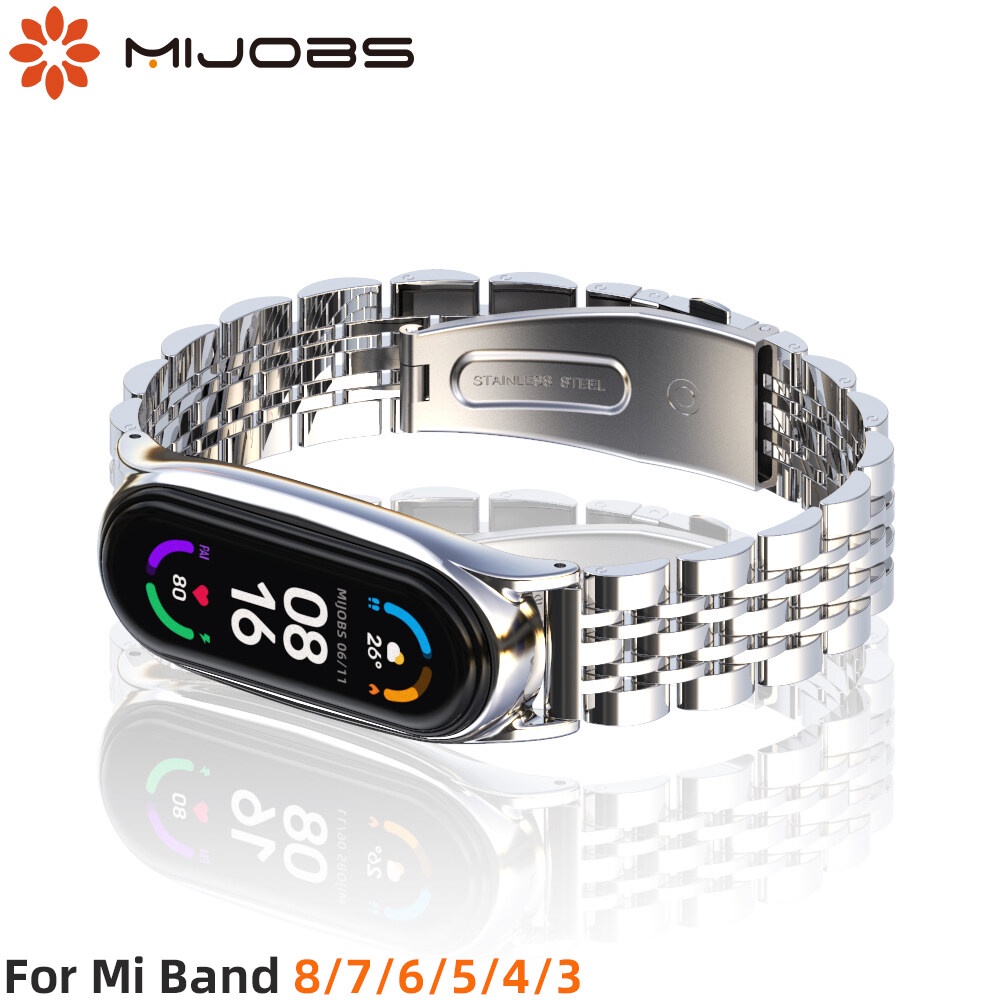 Mijobs สายโลหะสําหรับ Xiaomi Mi Band 6/Mi Band 8/Mi Band 7/Mi Band 5/Mi Band 4/Mi Band 3 สร้อยข้อมือสมาร์ทสําหรับ Xiao Mi Mi Miband 9 7 8 5 4 3 6 NFC Global Version สายรัดข้อมือ ไมล์ 6 7 8