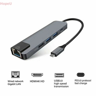 [HopeU] 5-in-1 อะแดปเตอร์ฮับ USB Type C พร้อมที่ชาร์จอีเธอร์เน็ต 4K HDMI PD RJ45