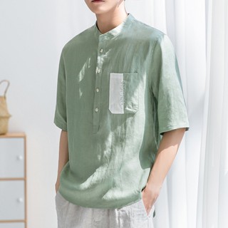 เสื้อยืดแขนสั้น คอปก ผ้าลินินบริสุทธิ์ ระดับไฮเอนด์ 7 ส่วน แบบบาง แฟชั่นฤดูร้อน สําหรับผู้ชาย