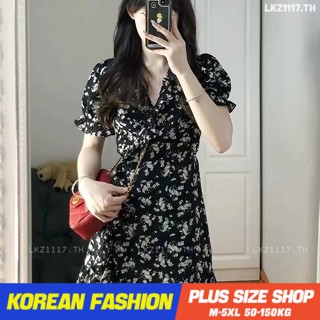 Plus size เสื้อผ้าสาวอวบ❤ เดรสสาวอวบอ้วน ไซส์ใหญ่ ผู้หญิง เดรสลายดอก ทรงสลิมฟิต แขนสั้น คอวี ฤดูร้อน สไตล์เกาหลีแฟชั่น