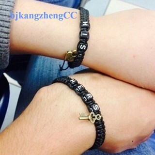 สร้อยข้อมือคู่รัก ลายตัวอักษร HIS HERS สีดํา สีบรอนซ์ 1 คู่