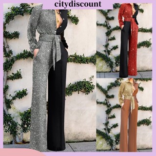 &lt;citydiscount&gt; ชุดจั๊มสูท คอปก แขนยาว ขากว้าง แวววาว พร้อมกระเป๋าเข็มขัด สีพื้น สําหรับผู้หญิง