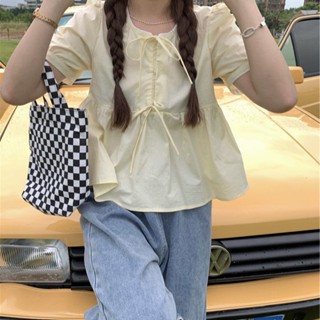เสื้อเชิ้ตคอกลม แขนพัฟ แบบสวมหัว สีพื้น สไตล์ฝรั่งเศส สําหรับผู้หญิง