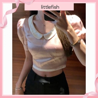 [littlefish] เสื้อยืดแขนสั้น คอตุ๊กตา ผ้าซาติน หรูหรา สไตล์ญี่ปุ่น เหมาะกับฤดูร้อน สําหรับผู้หญิง