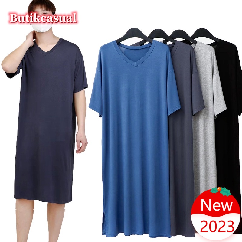ผู้ชาย nightgown ผู้ชายธรรมดา Homewear v คอชุดนอน modal ผ้าฝ้าย 2025 ฤดูร้อนใหม่หลวมยาว robe บางเสื้อลําลอง