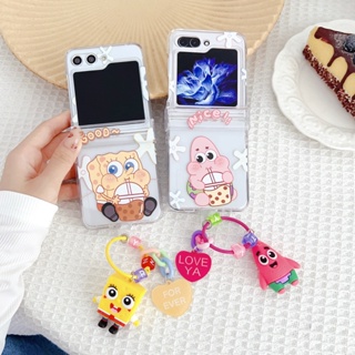 เคสโทรศัพท์มือถือแบบแข็ง กันกระแทก ลายการ์ตูนสพันจ์บ็อบน่ารัก พร้อมสายโซ่คล้อง สําหรับ Samsung Galaxy Z Flip5 5G 3in1 Z Flip 3 Flip 4