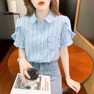 เสื้อเชิ้ตแขนสั้น ผ้าชีฟอง ลายสก๊อต ขนาดเล็ก สําหรับผู้หญิง