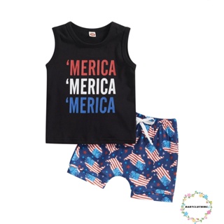 Babyclothes- เสื้อกล้ามแขนกุด พิมพ์ลายตัวอักษร 4th of July และกางเกงขาสั้น ผูกหน้า สําหรับเด็กผู้ชาย