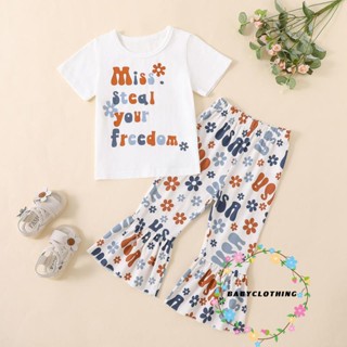 Babyclothes- เสื้อยืดแขนสั้น พิมพ์ลายตัวอักษร และกางเกงบาน 2 ชิ้น สําหรับเด็ก