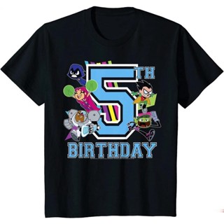 เสื้อยืดคอกลมSKTT1 เสื้อยืดผู้ชายและผู้หญิง Kids DC Comics Teen Titans Go! 5th Birthday T-Shirt Short sleeve T-shirts