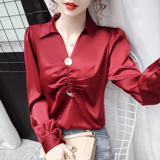 ใหม่ เสื้อเชิ้ต คอปกโปโล แขนยาว สไตล์เกาหลี สําหรับผู้หญิง