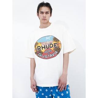 Rhude เสื้อยืดลําลอง ผ้าฝ้าย แขนสั้น คอกลม พิมพ์ลาย Gustavia Hotel แฟชั่นฤดูร้อน สําหรับผู้ชาย และผู้หญิง