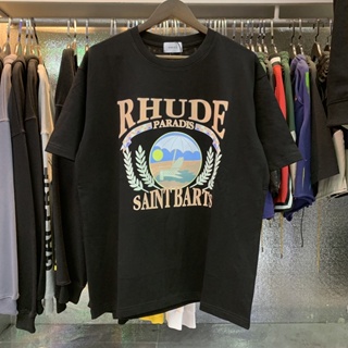 Meichao RHUDE เสื้อยืดลําลอง ผ้าฝ้าย แขนสั้น คอกลม พิมพ์ลายพระอาทิตย์ตก ใส่สบาย เหมาะกับฤดูร้อน สําหรับผู้ชาย และผู้หญิง