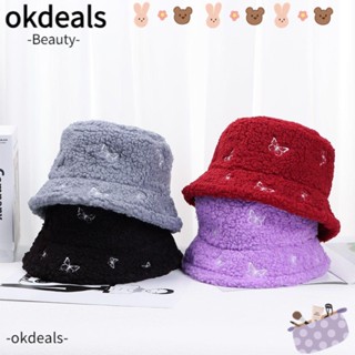 OKDEALS หมวกบักเก็ต ปักลายผีเสื้อ ให้ความอบอุ่น สําหรับผู้หญิง