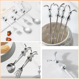 Creative Mirror Silver Bear Rabbit Long Handle Stainless Steel Spoon Fork Tableware Set High -value Girls Dessert Spoon -FE