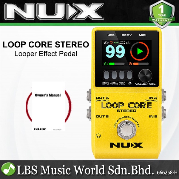 Nux Loop Core สเตอริโอกีตาร์ไฟฟ้าเหยียบ Looper ในตัว Rhythm Tracks และ MIDI Control