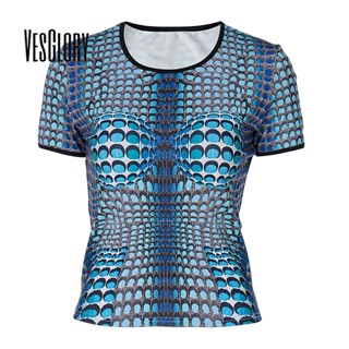 Vesglory เสื้อครอปท็อป คอกลม แขนสั้น พิมพ์ลาย สีตัดกัน เซ็กซี่ สําหรับผู้หญิง 2023