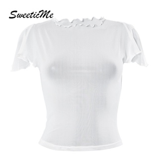 Sweeticme ใหม่ เสื้อยืดลําลอง คอกลม แขนสั้น ผ้าตาข่ายซีทรู สีพื้น แฟชั่นสําหรับสตรี 2023