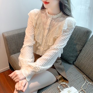 เสื้อเชิ้ตแขนยาว ผ้าลูกไม้ แต่งระบาย สวยงาม แฟชั่นฤดูใบไม้ร่วง สําหรับผู้หญิง