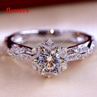 Flowers แหวนเงินแท้ 925 ประดับเพชรไพลิน 0.8ct สีขาว เครื่องประดับ สําหรับเจ้าสาว หมั้น งานแต่งงาน