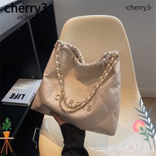 Cherry3 กระเป๋าสะพายไหล่ กระเป๋าถือ หนัง PU แต่งสายโซ่ ความจุขนาดใหญ่ สีพื้น สําหรับสตรี