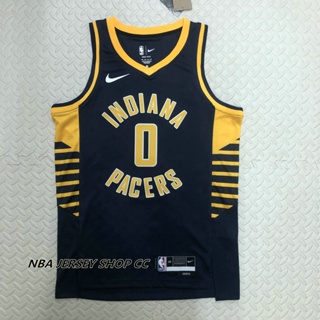 【Swingman】ใหม่ ของแท้ NBA Indiana Pacers ปี 2022-23 สําหรับผู้ชาย #0 เสื้อกีฬาแขนสั้น ลายทีม Haliburton Icon Edition สีฟ้าเข้ม