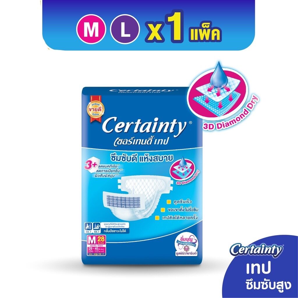 [1แพ็ค] ผ้าอ้อมผู้ใหญ่แบบเทป เซอร์เทนตี้ Certainty Tape ขนาดไซส์ M / L