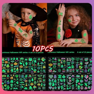 Creative 10pcs Halloween Glow Tattoo Sticker Childrens Cartoon Luminous Halloween Tattoo Sticker Party Festival Event Gift Temporary Sticker Decoration [COD]