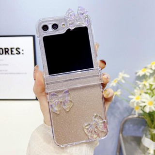 เคสโทรศัพท์มือถือ PC แบบแข็ง แต่งกลิตเตอร์ ไล่โทนสี แต่งโบว์ พับได้ สําหรับ Samsung Z Flip 5 4 3