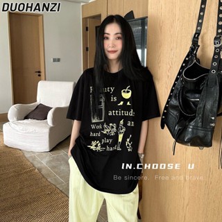 Duohanzi เสื้อยืดแขนสั้น พิมพ์ลายกราฟฟิติ ตัวอักษร ทรงหลวม สไตล์เกาหลี สําหรับผู้หญิง