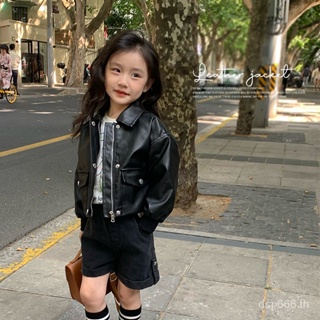 Korean black leather coat 2023 Spring and Autumn New Girls and childrens coat small and medium childrens PU leather short Korean leather jacket TNOH