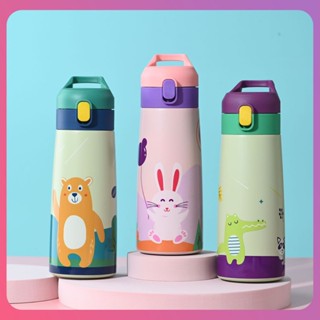 Creative 350ml/500ml Cartoon Thermos Cup Kids Stainless Steel Straw Thermos Mug Cute Leak-proof Vacuum Flask Children Thermal Water Bottle For Gift [COD]