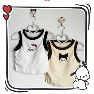 SANRIO เสื้อครอปท็อปแขนกุดลําลอง เปิดไหล่ ลายการ์ตูน Hello Kitty Kuromi เหมาะกับฤดูร้อน สไตล์สปอร์ต สําหรับผู้หญิง [RAIN]