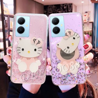 ใหม่ เคสโทรศัพท์มือถือนิ่ม ลายการ์ตูนแมวสีชมพูน่ารัก พร้อมกระจกขาตั้ง สําหรับ VIVO Y27 Y36 Y78 Y02T Y02A 5G 4G 2023 Y27 VIVOY36 VIVOY78