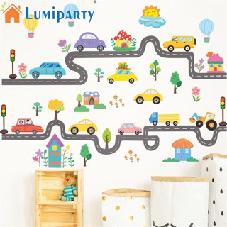 Lumiparty สติกเกอร์ติดผนัง มีกาวในตัว ลายการ์ตูนรถยนต์ ทางหลวง สําหรับตกแต่งห้องนอนเด็ก 2 แผ่น