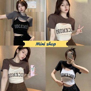 Mini shop🌸พร้อมส่ง🌸 (77055) เสื้อเซ็ต เสื้อครอปแขนสั้น+สายเดี่ยวไหมพรม 2in1 ใส่สบายเท่สตรีทสุดๆ