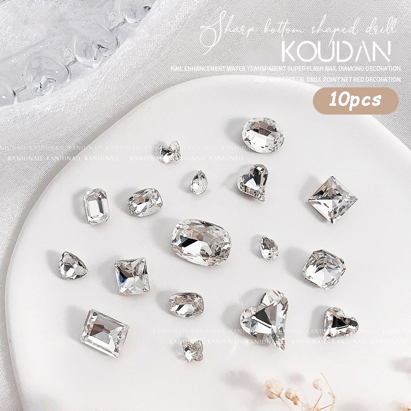 Koudan สติกเกอร์คริสตัล พลอยเทียม รูปหัวใจ สีขาว สําหรับตกแต่งเล็บเจล 10 ชิ้น