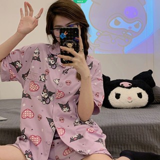 Sanrio Kuromi ชุดนอน เสื้อคาร์ดิแกน แขนสั้น กางเกงขาสั้น ลายการ์ตูนญี่ปุ่น สองชิ้น แฟชั่นฤดูร้อน สําหรับผู้หญิง 2023