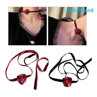 INF Black Red Rose Flower Choker for Women Girls Gothic Velvets Cloth Choker with Long Ribbon Vintage Collar Necklace