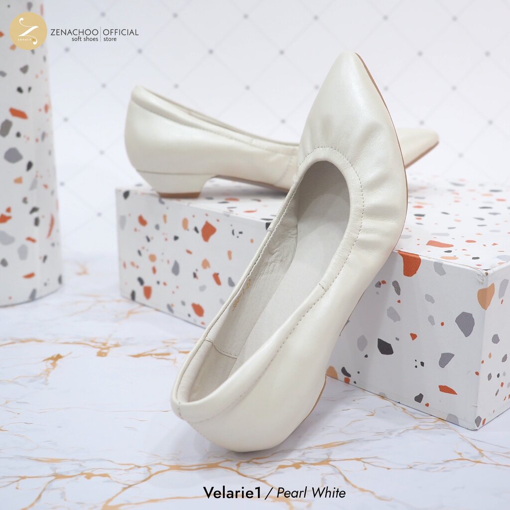 ทรงปกติ เปลี่ยนไซส์ได้ ไม่รับคืน Zenachoo รุ่นขายดี Velarie1 สูง 1นิ้ว สี Pearl White รองเท้าหัวแหลมหนังแกะแท้