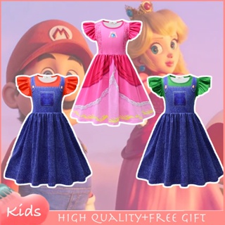 ชุดเดรสคอสเพลย์ Super Mario Princess Peach แขนสั้น สีแดง สีเขียว สีชมพู สําหรับเด็กผู้หญิง เหมาะกับงานปาร์ตี้ฮาโลวีน