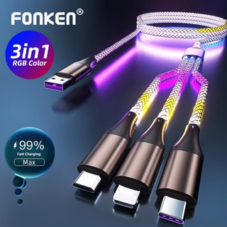 Fonken 3 in 1 สายชาร์จ USB เป็น Type-C Micro USB iOS 6A 66W RGB เรืองแสง หลากสี สําหรับ i-Phone Android