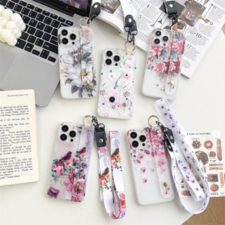 เคสโทรศัพท์มือถือ แบบใส ลายดอกไม้ พร้อมสายคล้องมือ สําหรับ Samsung Galaxy S23 S22 S21 Plus Ultra FE S23Ultra S22Ultra S21FE