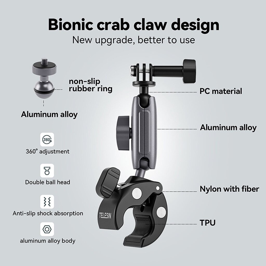 Telesin Universal Tube Clamp (Aluminium Body) Motorcycle Cycling Crab Claw Clip Magic Arm 360 Adjustment Super Clamp 1/4