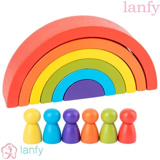 Lanfy บล็อกตัวต่อไม้ สีรุ้ง ของเล่นเสริมการเรียนรู้เด็ก